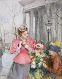 Pál Fried, Buying Flowers, Oil on canvas