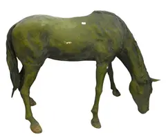 Jim Davidson, Life Size Cast, Bronze Horse Statue in green verdigris patina standing in grazing position, bent