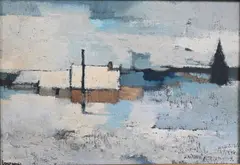 Winter Landscape with Houses and Pine Tree by Jean-Claude Bourgeois, Oil on board, offered May 2025