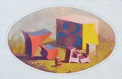 Fernando Maza, Surrealist Composition "E.C.2", 1974, Watercolor gouache on paper