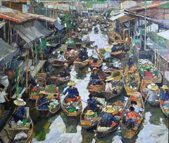 Crowded Thailand Floating Market by Patamares Livisit, Oil on canvas, offered May 2025