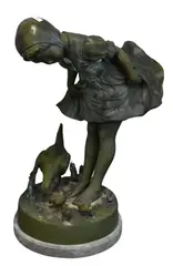 Jim Davidson, Life Size Girl Feeding Chickens Cast, Bronze in verdigris green patina on cement base
