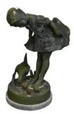 Jim Davidson, Life Size Girl Feeding Chickens Cast, Bronze in verdigris green patina on cement base