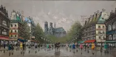 Antonio DeVity, Parisian street scene featuring Notre Dame Cathedral in the distance, Oil on canvas