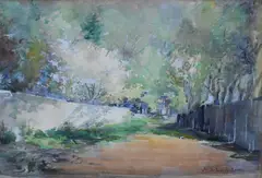 Mary King Longfellow, Country Lane with Flowering Trees, Watercolor and gouache on paper