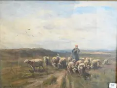 William Henry Howe, Pastoral landscape with shepherdess and her flock of sheep, Oil on canvas
