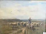 William Henry Howe, Pastoral landscape with shepherdess and her flock of sheep, Oil on canvas