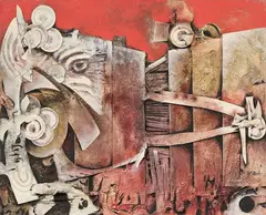 Lucio Del Pezzo, Senza titolo (Les avions), tempera and collage on canvas