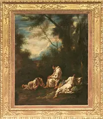 Antonio Francesco Peruzzini, Paesaggio con tre monaci, oil on canvas