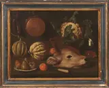 Carlo Magini, Natura morta con meloni, piatto con pere, testa di vitello e cavolfiore, oil on canvas