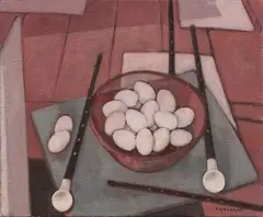 Felice Casorati, Ciotola con uova e flauti, 1959, oil on canvas