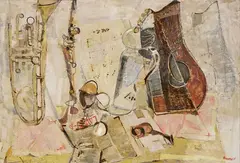 Fausto Pirandello, Colazione e musica n. 5, 1952, oil on cardboard