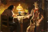 Cafiero Filippelli, Interno con anziani e cane, oil on faesite