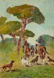 Carlo Domenici, Cacciatori, oil on faesite