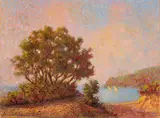 Adriano Baracchini Caputi, Mattino sulla riviera degli Etruschi (Quercianella Livorno), oil and mixed media on compensato