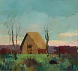 Renato Natali, Capanna con contadina, oil on compensato