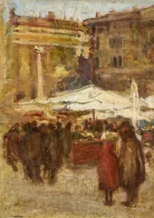 Piazza delle Erbe, Verona by Cesare Ciani, oil on canvas applicata on cardboard, offered Oct 2025