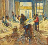Donne al lavoro by Ludovico Tommasi, oil on cardboard, offered Oct 2025