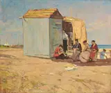 Capanni al mare by Ludovico Tommasi, oil on compensato, offered Oct 2025