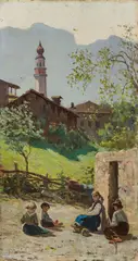 Adolfo Belimbau, Figure nel paesaggio, oil on panel