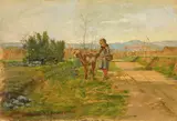Niccolò Cannicci, Paesaggio con bimba e capretta, oil on canvas applicata on cardboard