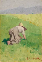 Sul campo by Angiolo Tommasi, oil on tavoletta, offered Oct 2025