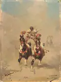Alfredo Tominz, La corsa dei cavalli, oil on cardboard