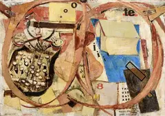 Fausto Pirandello, Studio attraverso gli occhiali, 1953, oil and collage on cardboard applicato on panel