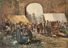 Ferruccio Rontini, Giorno di mercato a Vicchio, oil on compensato