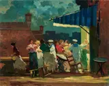 Baruffa al porto (Rissa con marinai) by Renato Natali, oil on canvas, offered Apr 2025