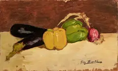 Natura morta con peperoni by Giovanni Bartolena, oil on compensato, offered Apr 2025