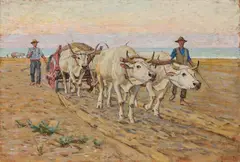Carro con buoi sul mare by Luigi Gioli, 1932, oil on panel, offered Apr 2025