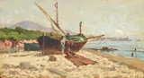 Barca sulla spiaggia by Ugo Manaresi, oil on tavoletta, offered Apr 2025