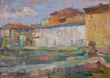 Case sul porto by Ludovico Tommasi, oil on panel, offered Apr 2025