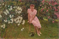 Giorgio Kienerk, Fra i fiori, oil on canvas board