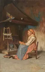 Giuseppe Costantini, Vecchia che dipana la lana, 1898, oil on tavoletta