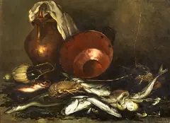 Natura morta con pesci by Marius Reynaud, oil on canvas, offered Apr 2025
