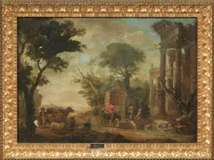 Adriaen van der Cabel, Paesaggio con architetture e figure, oil on canvas