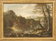 Bartolomeo Pedon, Due opere raffiguranti «Paesaggio fluviale con pescatori e armenti» e «Paesaggio fluviale con pescatori e casa», oil on canvas