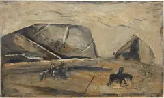 Paesaggio con montagne, cavalli e cavalieri by Mario Sironi, 1953, oil on paper applicata on canvas, offered Nov 2024