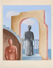 René Paresce, La statua (Donna in terrazza volta verso il mare e manichino), 1931, tempera on card