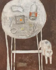 Franco Gentilini, Natura morta con gatto, 1957, oil on canvas sabbiata
