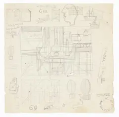 Foglio di studi: Natura morta, con altri disegni e scritte by Atanasio Soldati, 1945, pencil on paper, offered Nov 2024