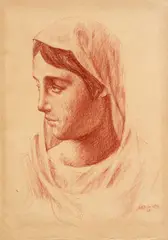 Volto di donna by Ubaldo Oppi, 1928, sanguigna on paper, offered Nov 2024
