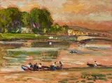 Galileo Chini, Veduta dell'Arno, oil on compensato