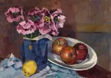 Carlo Domenici, Papaveri, viola e mele, oil on canvas
