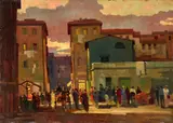 Mercato in Piazza Cavallotti a Livorno by Renato Natali, oil on compensato, offered Oct 2024