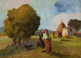 Carlo Domenici, Sull'aia, oil on faesite