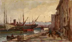 Al porto by Renuccio Renucci, oil on compensato, offered Oct 2024