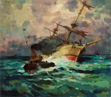 Veliero e rimorchiatore by Renato Natali, oil on compensato, offered Oct 2024